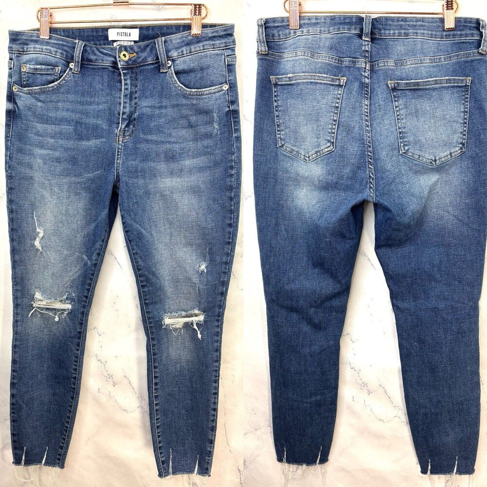 y2k Pistola Jeans Womens Sz 31 Blue Denim High-Rise Raw Hem Distressed Stretch